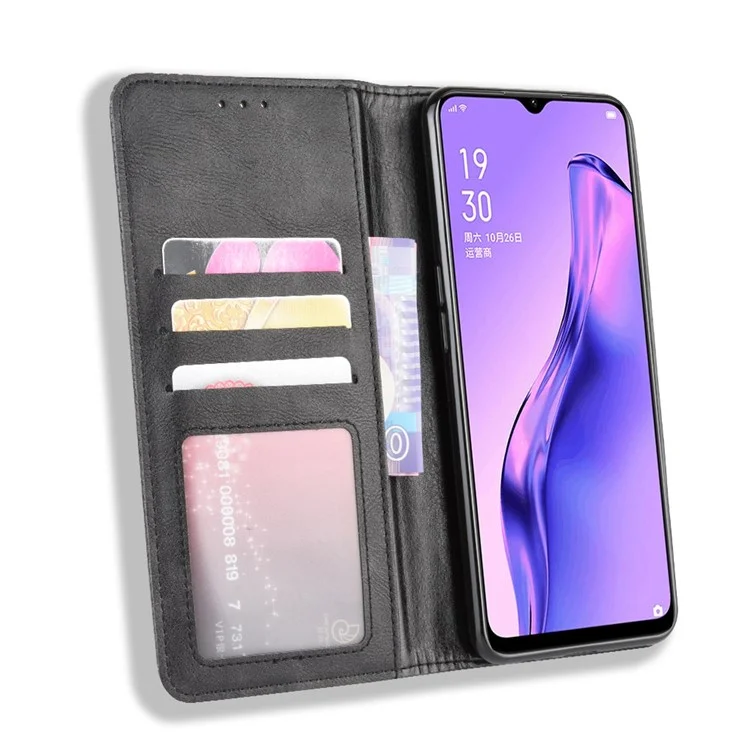 Vintage Style Leather Wallet Stand Phone Shell for Oppo A8/A31 (2020) - Black-Cellmalls