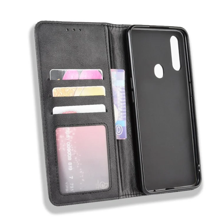 Vintage Style Leather Wallet Stand Phone Shell for Oppo A8/A31 (2020) - Black-Cellmalls