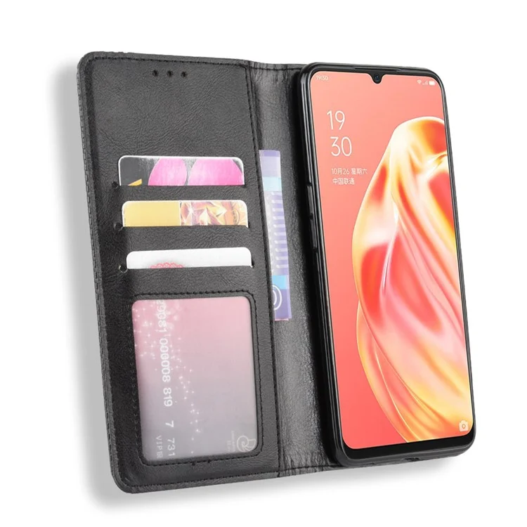 Vintage Style Magnetic Leather Wallet Phone Cover for OPPO A91/F15 - Black-Cellmalls