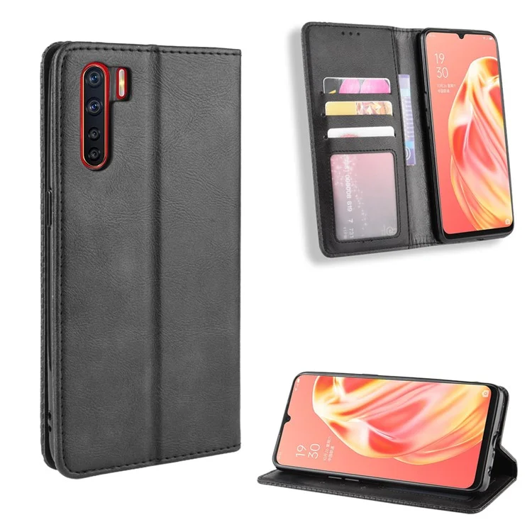 Vintage Style Magnetic Leather Wallet Phone Cover for OPPO A91/F15 - Black-Cellmalls