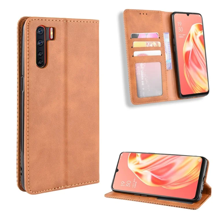 Vintage Style Magnetic Leather Wallet Phone Cover for OPPO A91/F15 - Black-Cellmalls