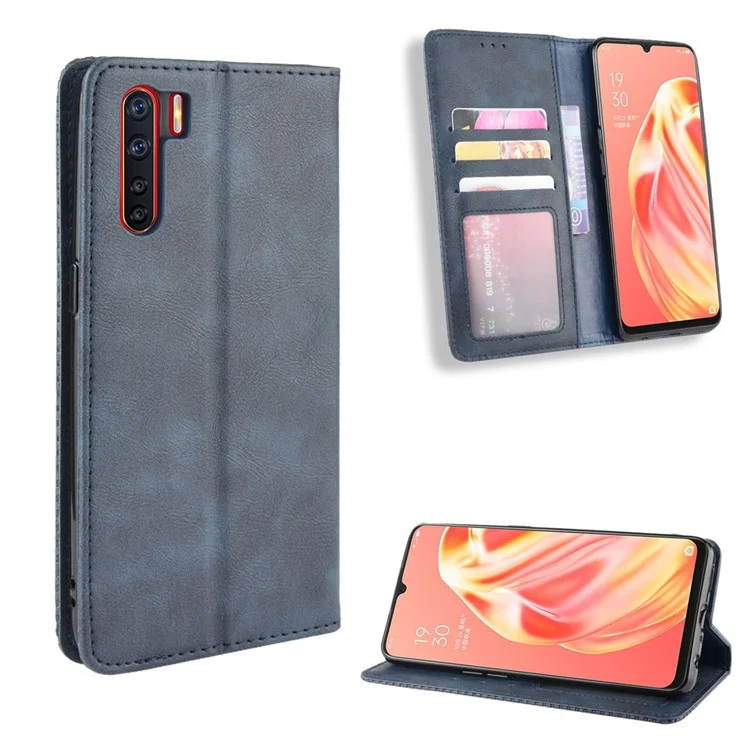 Vintage Style Magnetic Leather Wallet Phone Cover for OPPO A91/F15 - Black-Cellmalls