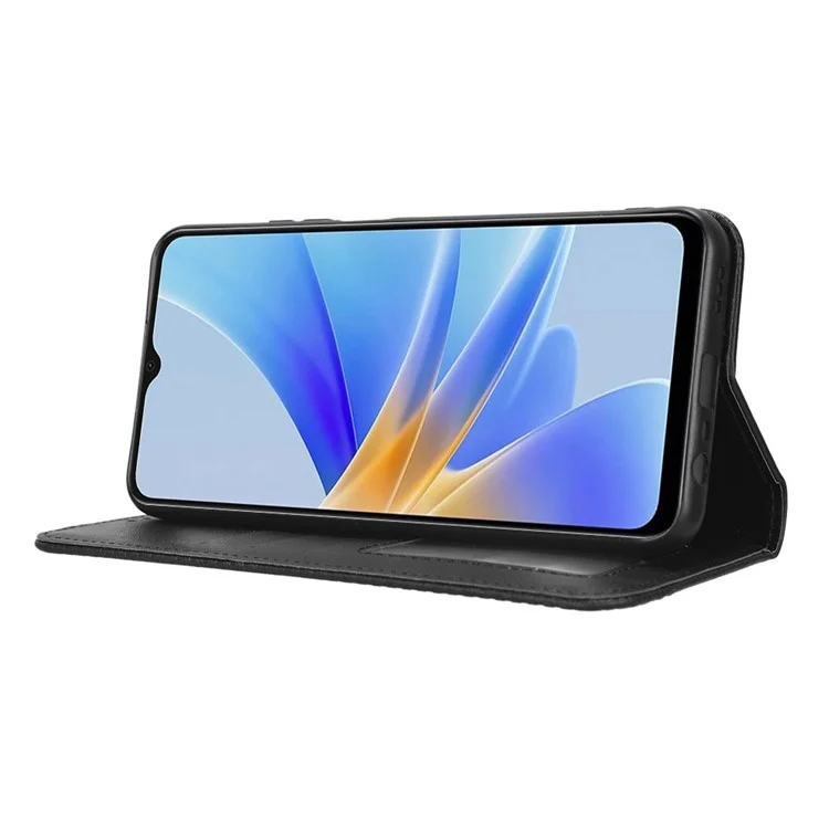 For Oppo A17 4G PU Leather Magnetic Auto Closing Case Retro Texture Imprinted Pattern Wallet Phone Cover - Black-Cellmalls