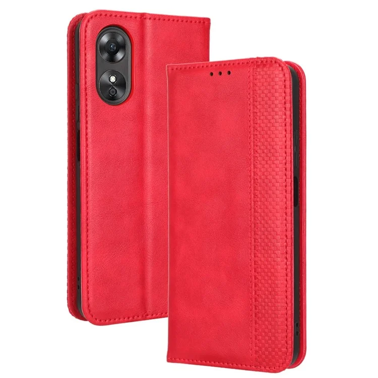 For Oppo A17 4G PU Leather Magnetic Auto Closing Case Retro Texture Imprinted Pattern Wallet Phone Cover - Black-Cellmalls