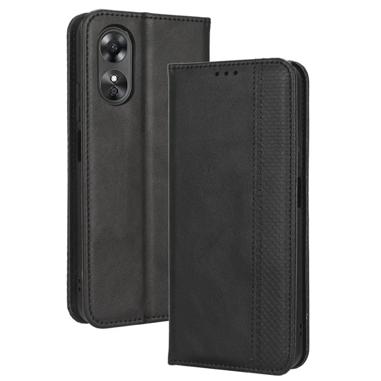 For Oppo A17 4G PU Leather Magnetic Auto Closing Case Retro Texture Imprinted Pattern Wallet Phone Cover - Black-Cellmalls