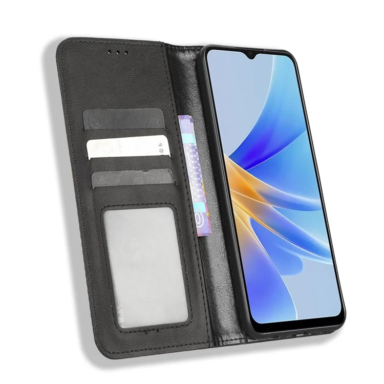 For Oppo A17 4G PU Leather Magnetic Auto Closing Case Retro Texture Imprinted Pattern Wallet Phone Cover - Black-Cellmalls