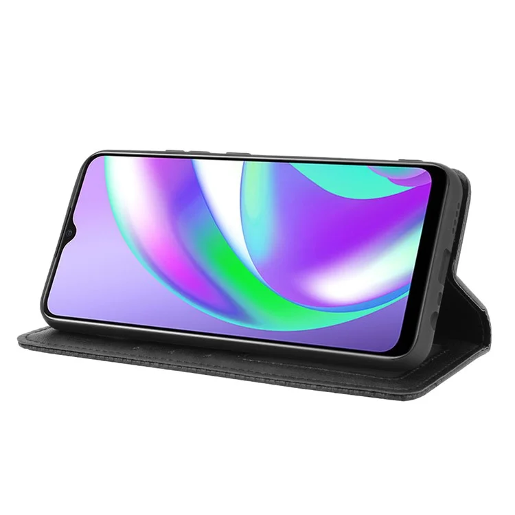 Magnetic Vintage Style Phone Case Wallet Stand Leather Cover for Oppo A15 - Black-Cellmalls