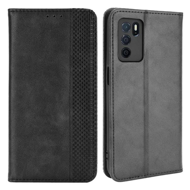 PU Leather Full Protective Retro Style Wallet Stand Flip Protective Phone Cover for Oppo A16/A16s/A54s - Black-Cellmalls