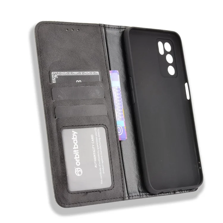 PU Leather Full Protective Retro Style Wallet Stand Flip Protective Phone Cover for Oppo A16/A16s/A54s - Black-Cellmalls