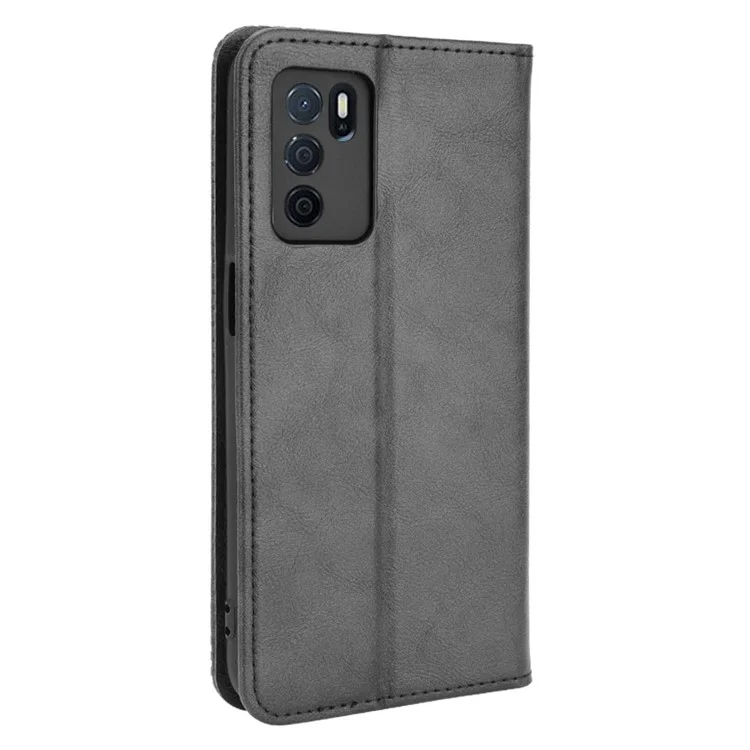 PU Leather Full Protective Retro Style Wallet Stand Flip Protective Phone Cover for Oppo A16/A16s/A54s - Black-Cellmalls