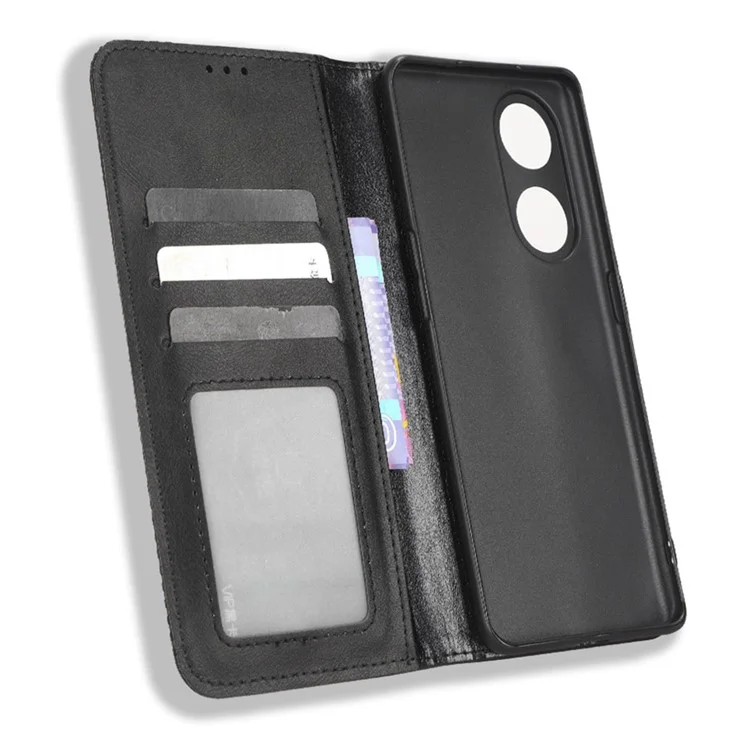 For Oppo A1 Pro 5G / Reno8 T 5G Anti-fall Mobile Phone Case Retro Texture Imprinted Pattern PU Leather Magnetic Auto Closing Flip Wallet Cover - Black-Cellmalls