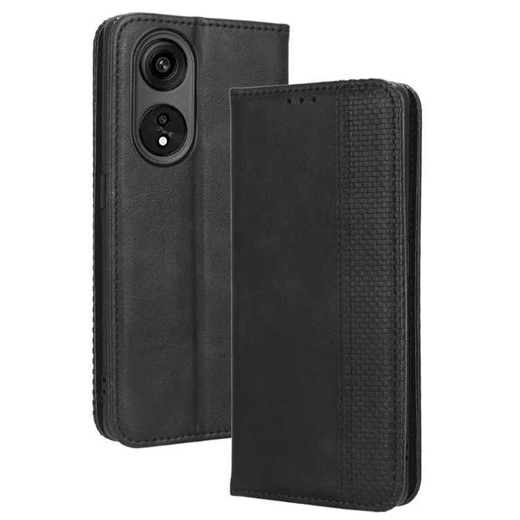For Oppo A1 Pro 5G / Reno8 T 5G Anti-fall Mobile Phone Case Retro Texture Imprinted Pattern PU Leather Magnetic Auto Closing Flip Wallet Cover - Black-Cellmalls