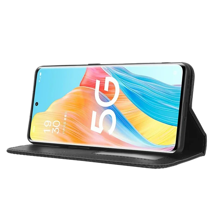 For Oppo A1 Pro 5G / Reno8 T 5G Anti-fall Mobile Phone Case Retro Texture Imprinted Pattern PU Leather Magnetic Auto Closing Flip Wallet Cover - Black-Cellmalls