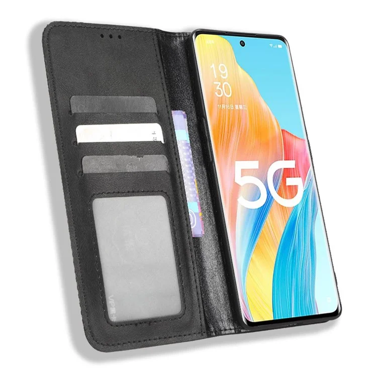 For Oppo A1 Pro 5G / Reno8 T 5G Anti-fall Mobile Phone Case Retro Texture Imprinted Pattern PU Leather Magnetic Auto Closing Flip Wallet Cover - Black-Cellmalls