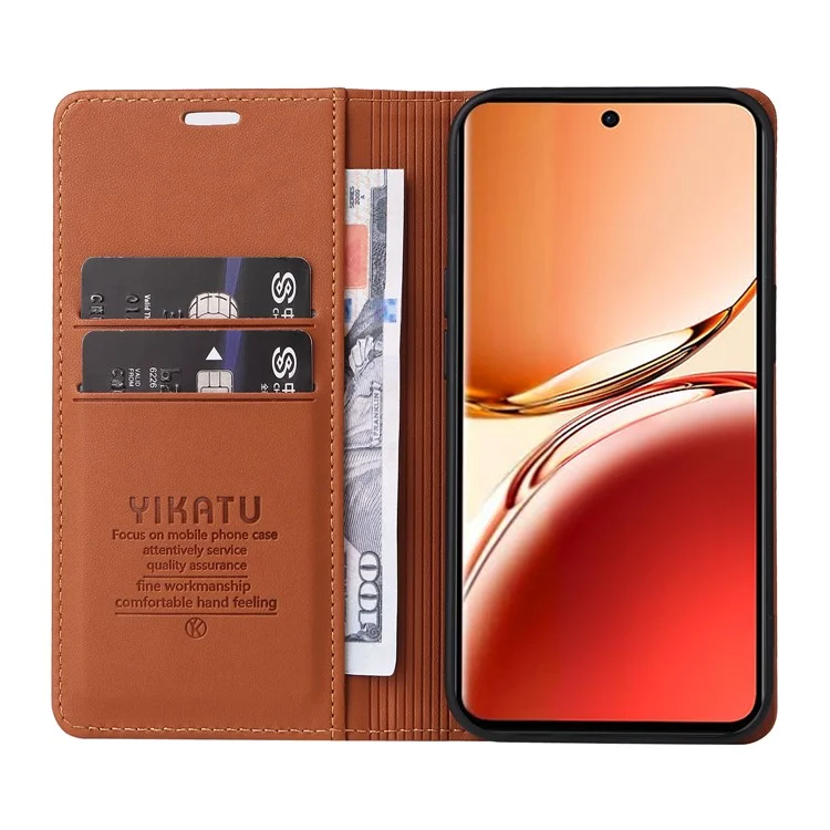 YIKATU YK-001 For Oppo Reno12 F 4G Case Wallet Leather Phone Cover Strong Magnetic Closure - Brown-Cellmalls
