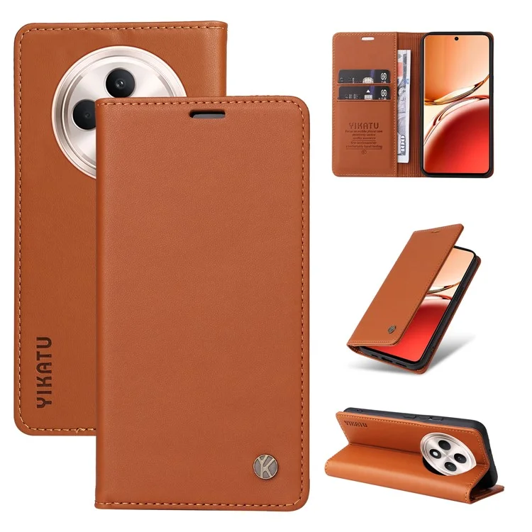 YIKATU YK-001 For Oppo Reno12 F 4G Case Wallet Leather Phone Cover Strong Magnetic Closure - Brown-Cellmalls