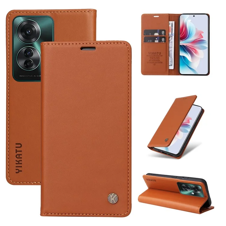 YIKATU YK-001 For Oppo Reno11 F 5G Slim Cover Magnetic Closing Leather Phone Shell - Brown-Cellmalls