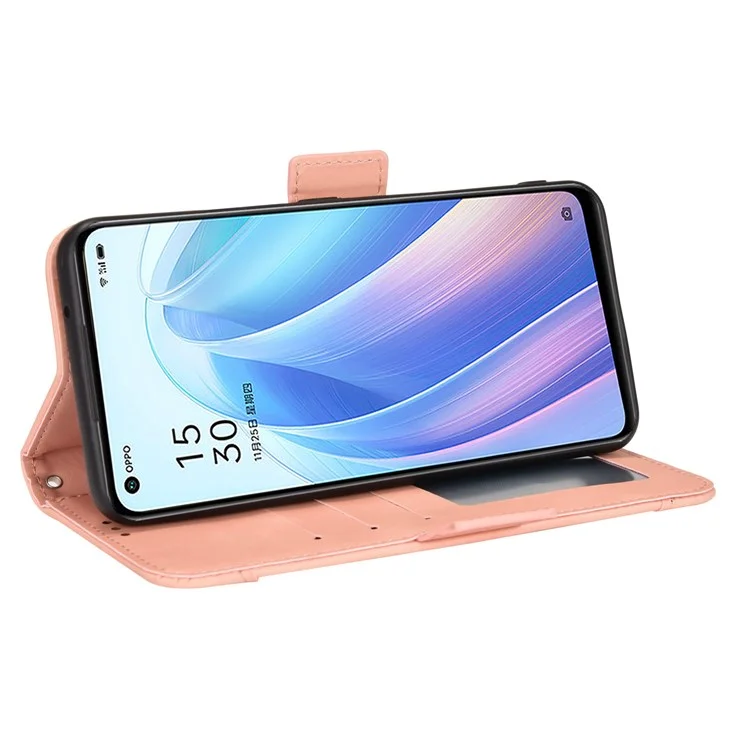 For Oppo Reno7 5G (China) Wallet Front Card Slot Anti-drop PU Leather + TPU Phone Cover with Stand - Pink-Cellmalls