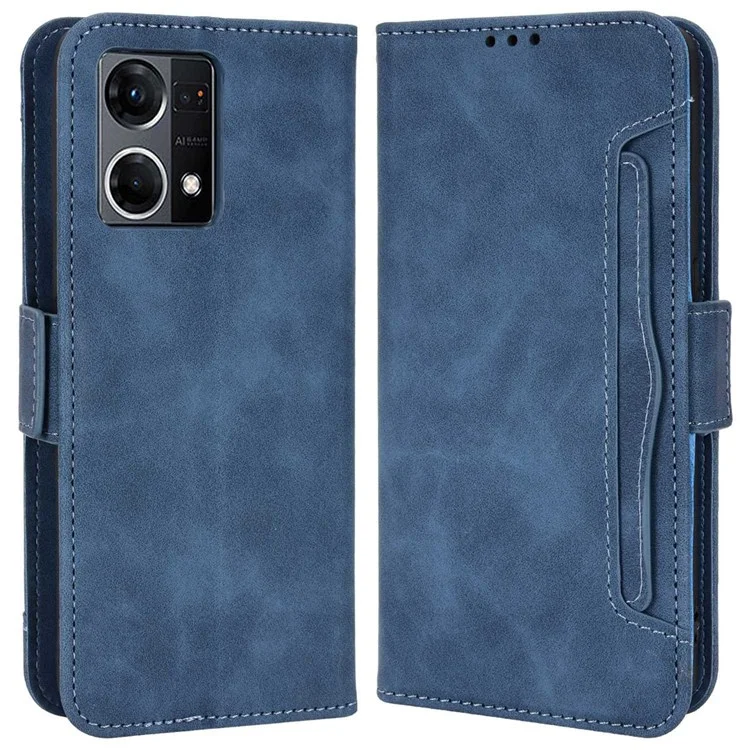 For Oppo Reno7 4G / F21 Pro 4G / Reno8 4G Card Holder Cell Phone Bag Case Magnetic Flip Wallet Style Stand Shockproof PU Leather Phone Cover - Blue-Cellmalls
