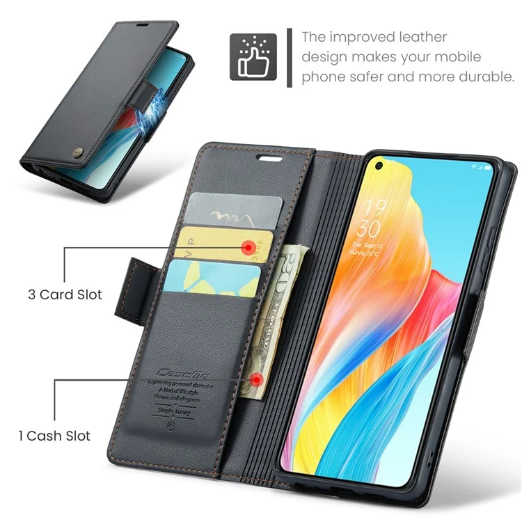 CASEME 023 Series For Oppo A78 4G Case RFID Blocking PU Leather Glossy Phone Wallet Cover - Black-Cellmalls