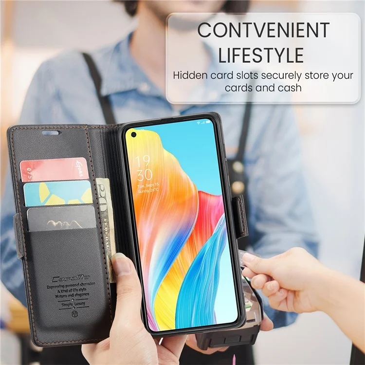 CASEME 023 Series For Oppo A78 4G Case RFID Blocking PU Leather Glossy Phone Wallet Cover - Black-Cellmalls