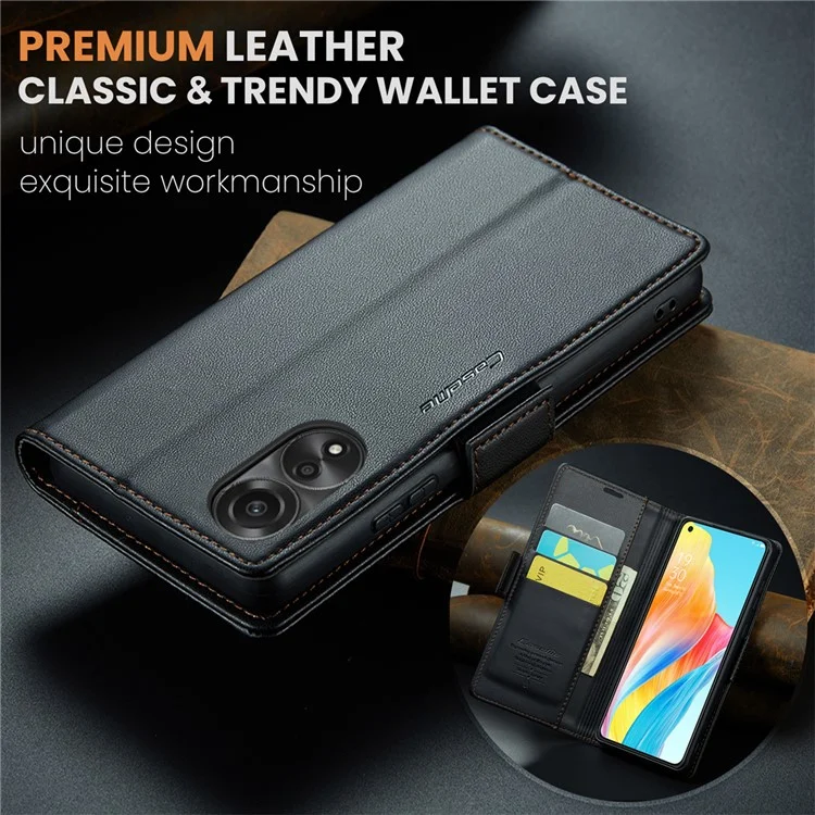 CASEME 023 Series For Oppo A78 4G Case RFID Blocking PU Leather Glossy Phone Wallet Cover - Black-Cellmalls