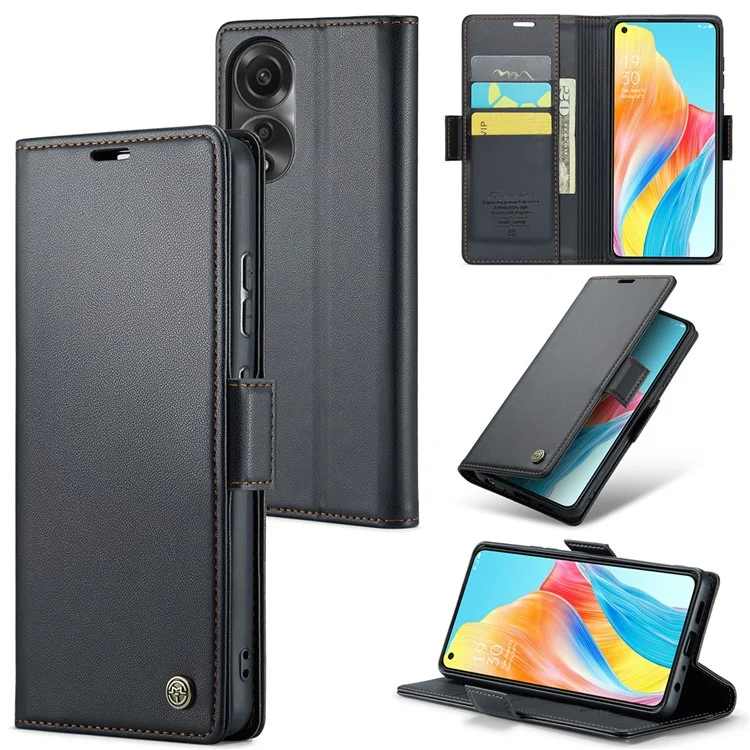CASEME 023 Series For Oppo A78 4G Case RFID Blocking PU Leather Glossy Phone Wallet Cover - Black-Cellmalls