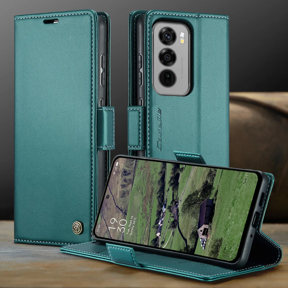 For Oppo Reno12 5G (Global) Case CASEME 023 Series RFID Blocking Glossy Stand Phone Cover - Green-Cellmalls