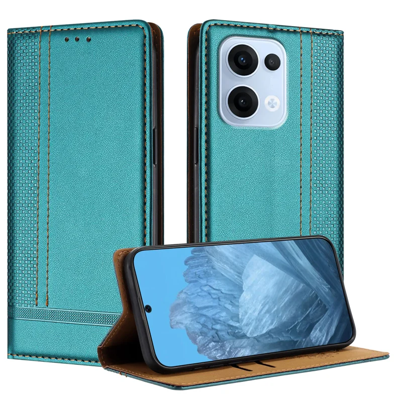 For Oppo Reno13 5G (Global) Case L-Shaped Grid Pattern Leather Stand Phone Cover with Card Slots - Blue-Cellmalls