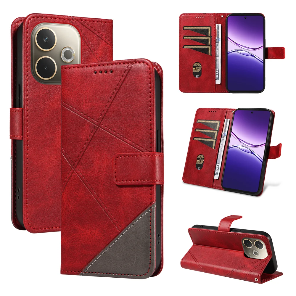 For Oppo A5 Pro 4G (Global) / 5G (Global) / A5 Energy 5G (China) Leather Case Geometric Line Design Wallet Phone Cover with Strap - Red-Cellmalls