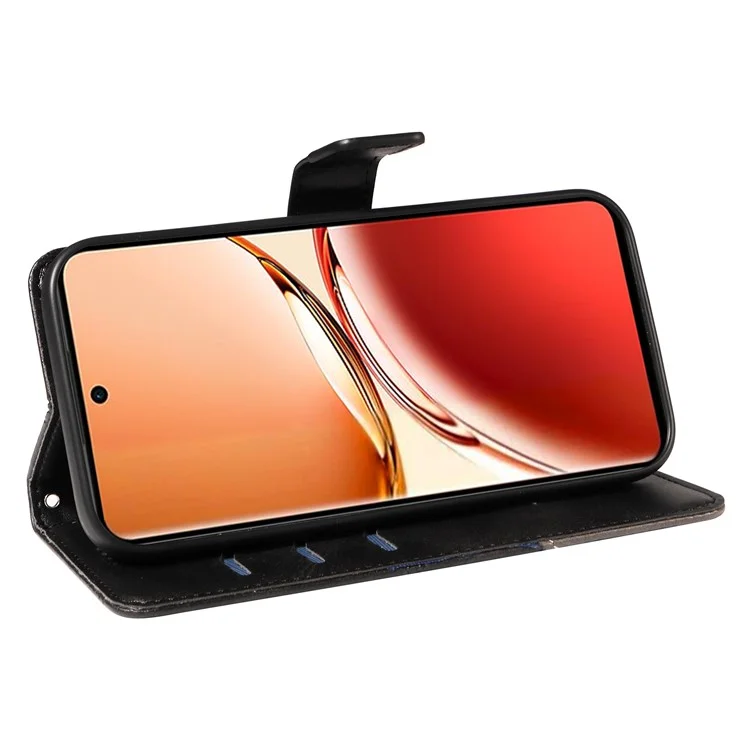 For Oppo Reno12 F 4G Case Leather Geometric Line Phone Cover Card Holder Wrist Strap - Black-Cellmalls