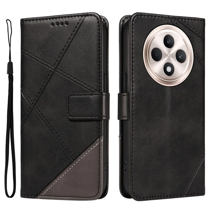 For Oppo Reno12 F 4G Case Leather Geometric Line Phone Cover Card Holder Wrist Strap - Black-Cellmalls