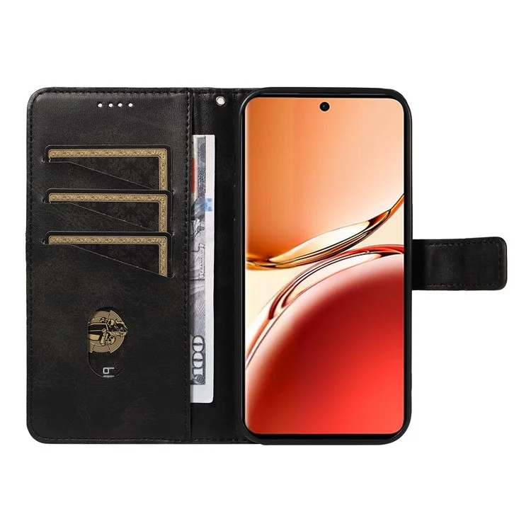 For Oppo Reno12 F 4G Case Leather Geometric Line Phone Cover Card Holder Wrist Strap - Black-Cellmalls