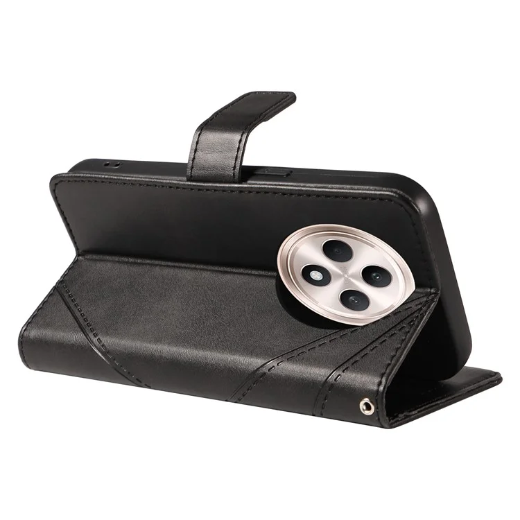 For Oppo Reno12 F 4G Case Leather Geometric Line Phone Cover Card Holder Wrist Strap - Black-Cellmalls