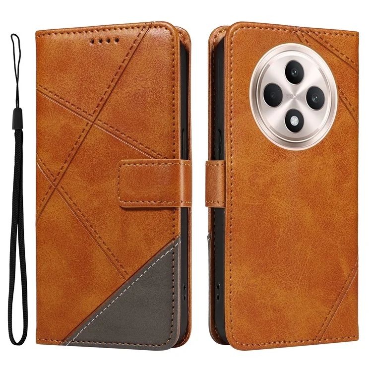 For Oppo Reno12 F 4G Case Leather Geometric Line Phone Cover Card Holder Wrist Strap - Black-Cellmalls