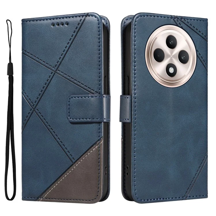 For Oppo Reno12 F 4G Case Leather Geometric Line Phone Cover Card Holder Wrist Strap - Black-Cellmalls