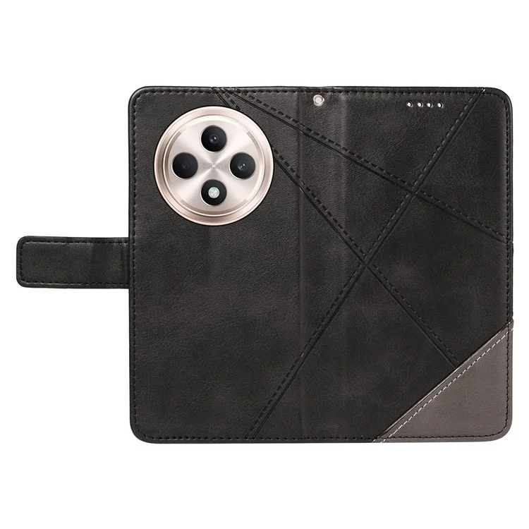 For Oppo Reno12 F 4G Case Leather Geometric Line Phone Cover Card Holder Wrist Strap - Black-Cellmalls