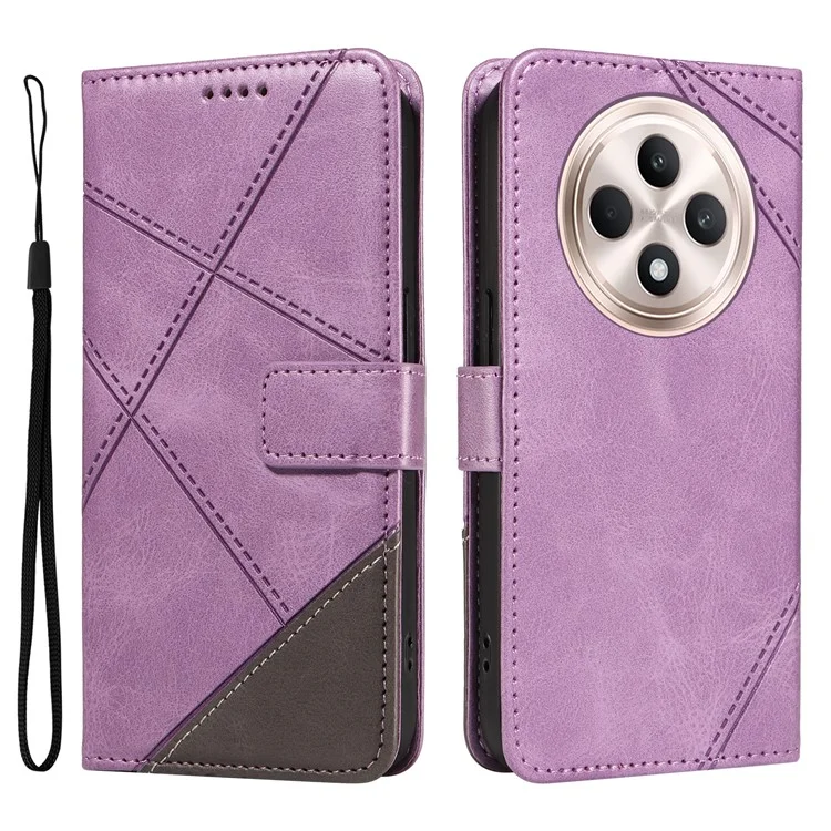 For Oppo Reno12 F 4G Case Leather Geometric Line Phone Cover Card Holder Wrist Strap - Black-Cellmalls