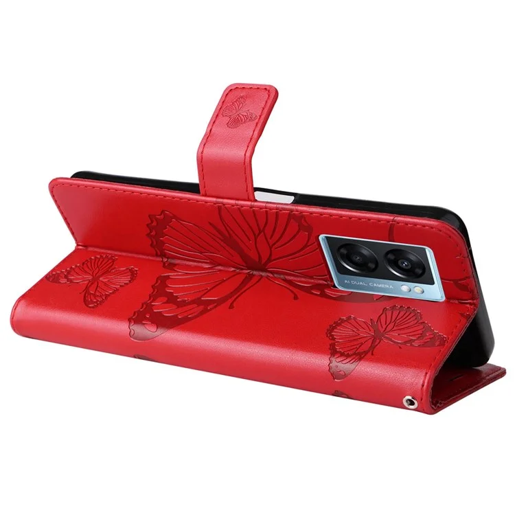 For Oppo A57 (2022) 5G / A77 5G / Realme V23 5G Case Solid Color Leather Mobile Cover Wallet Stand with Strap - Red-Cellmalls