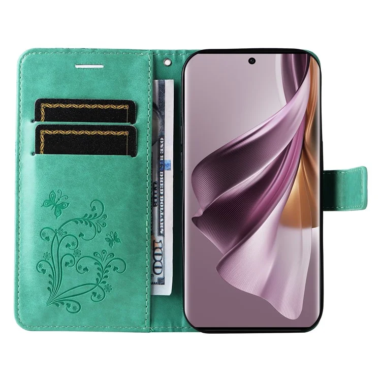 For Oppo Reno10 5G (Global) / Reno10 Pro 5G (Global) Wallet Case Floral Butterfly Imprinted Leather Phone Cover Stand - Green-Cellmalls