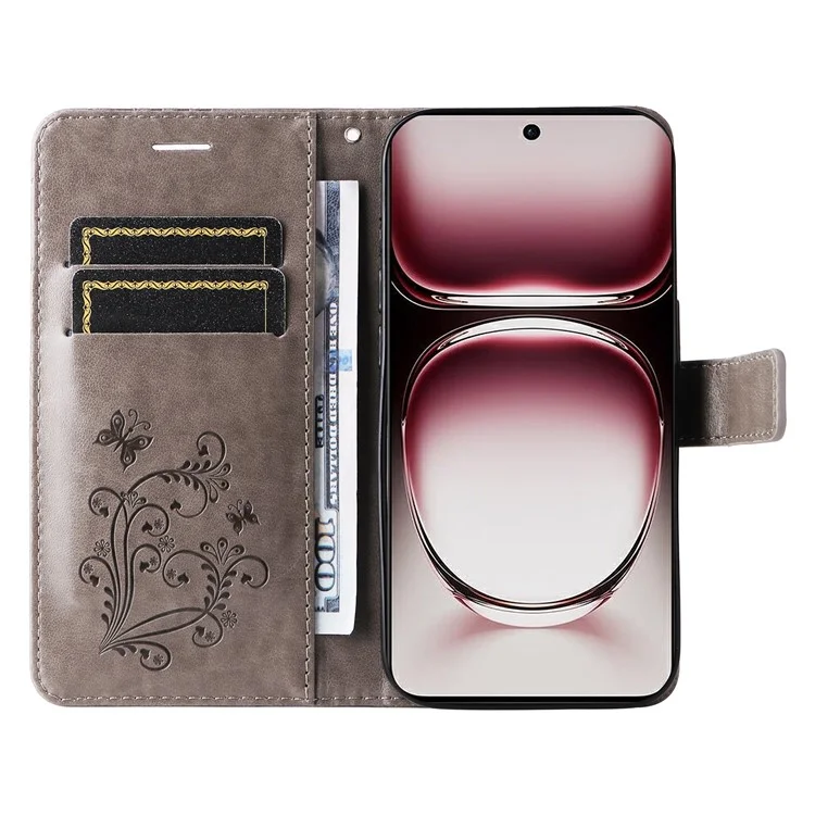 For Oppo Reno12 Pro 5G (Global) / (China) Wallet Case Floral Butterfly Imprinted Leather Phone Cover Stand - Grey-Cellmalls