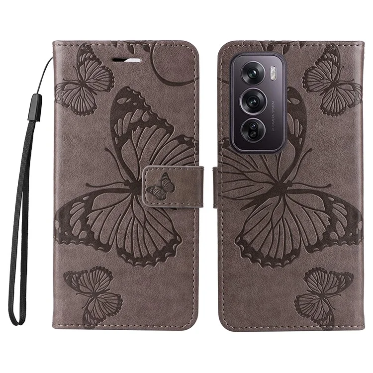 For Oppo Reno12 Pro 5G (Global) / (China) Wallet Case Floral Butterfly Imprinted Leather Phone Cover Stand - Grey-Cellmalls