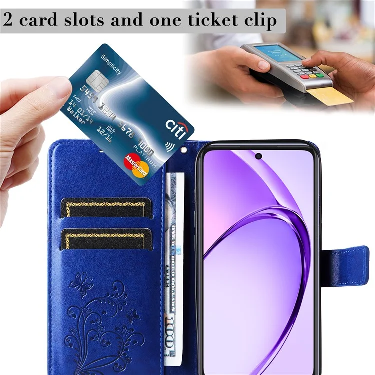 For Oppo A3x 4G / 5G (India) / A3 4G / 5G / A60 5G / A40 4G / A40M 4G Wallet Case Floral Butterfly Imprinted Leather Phone Cover Stand - Blue-Cellmalls
