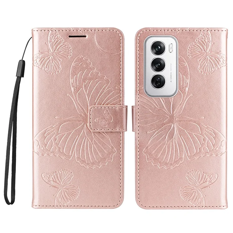 For Oppo Reno12 5G (Global) Wallet Case Floral Butterfly Imprinted Leather Phone Cover Stand - Rose Gold-Cellmalls
