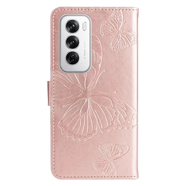 For Oppo Reno12 5G (Global) Wallet Case Floral Butterfly Imprinted Leather Phone Cover Stand - Rose Gold-Cellmalls