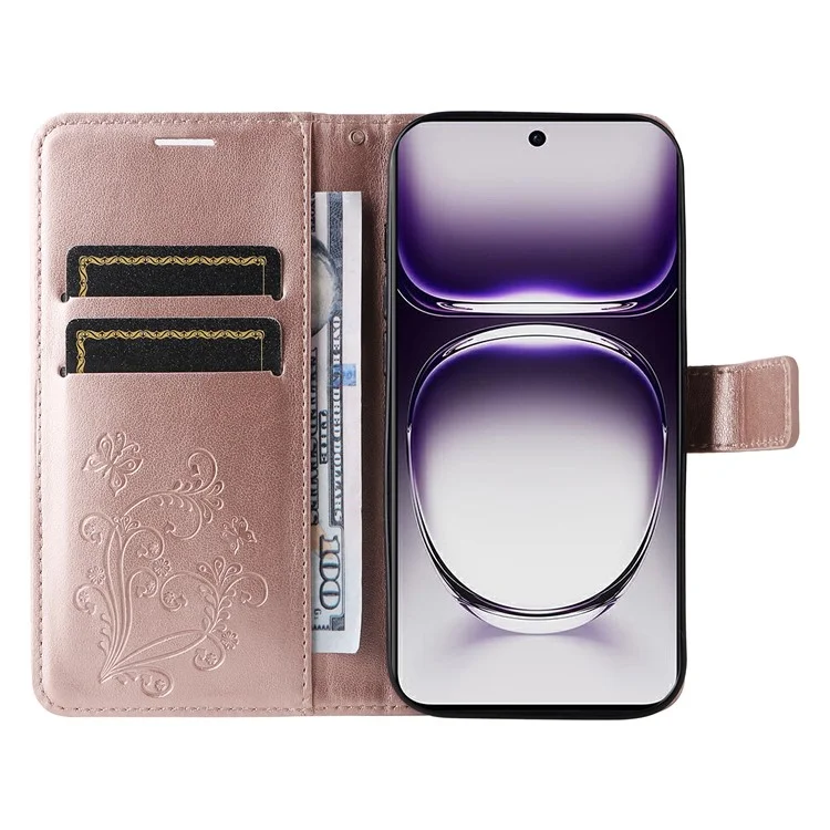 For Oppo Reno12 5G (Global) Wallet Case Floral Butterfly Imprinted Leather Phone Cover Stand - Rose Gold-Cellmalls