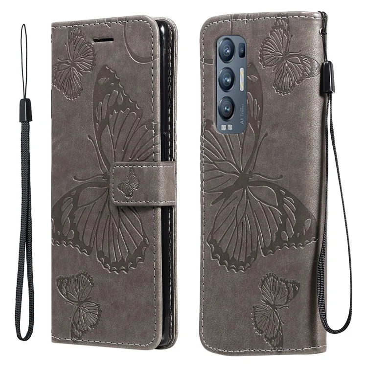 For OPPO Find X3 Neo / Reno5 Pro Plus 5G Wallet Case Floral Butterfly Imprinted Leather Phone Cover Stand - Grey-Cellmalls
