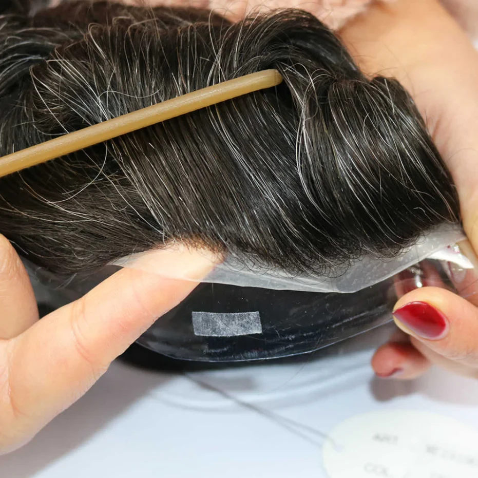 100% Human Hair Natural Color With 20% Grey Hair V-loop Thin Skin Toupee