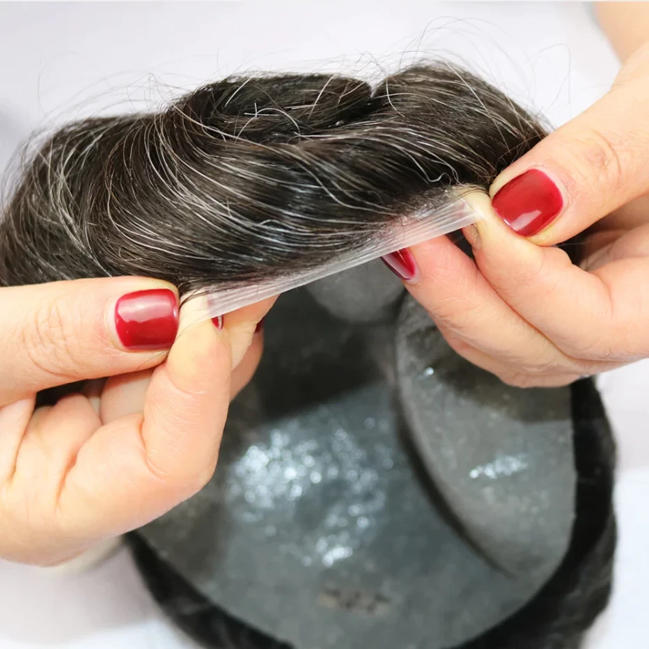 100% Human Hair Natural Color With 20% Grey Hair V-loop Thin Skin Toupee