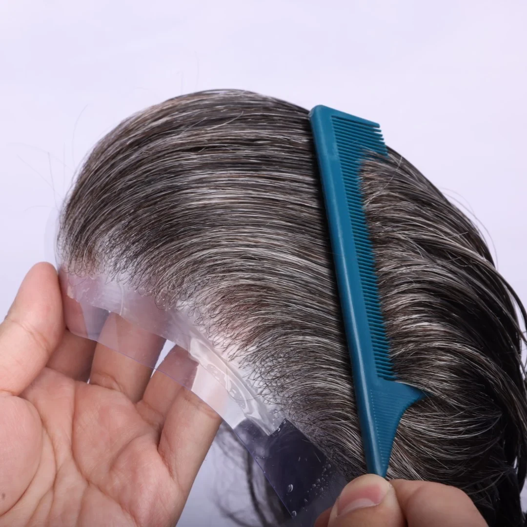100% Human Hair V-loop Thin Skin base Natural Color 50% Grey Hair System